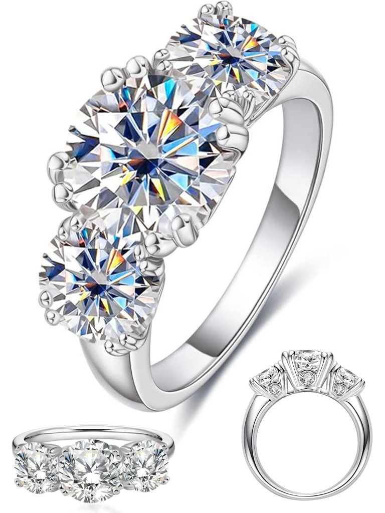 4 Carat Moissanite Rings For Women, Three Stone Moissanite Engagement Ring 14k W